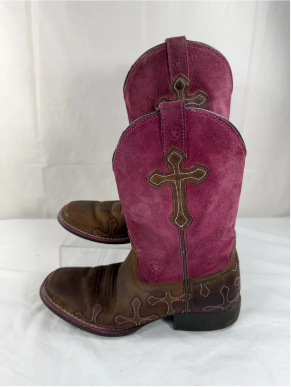 Girls US 1.5 Ariat Kid's Boots Crossroads Distressed Brown Fuschia Crosses